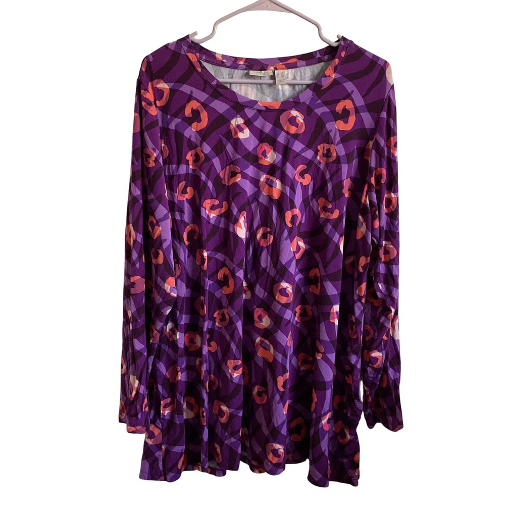 LOGO Lori Goldstein Purple Animal Print Colorful Tunic with Pockets - Size 2X